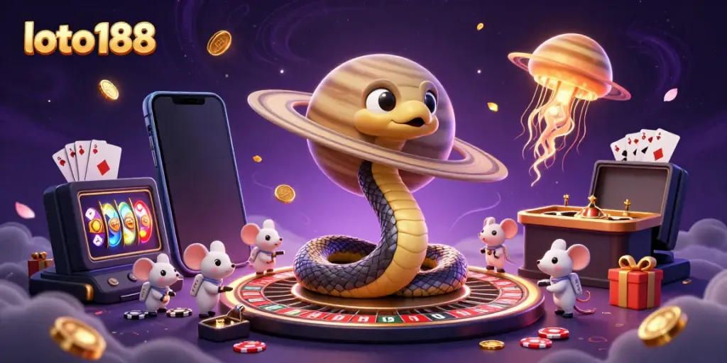 Engaging loto188 themed illustration featuring a casino scenario with playful characters and vibrant gaming elements.