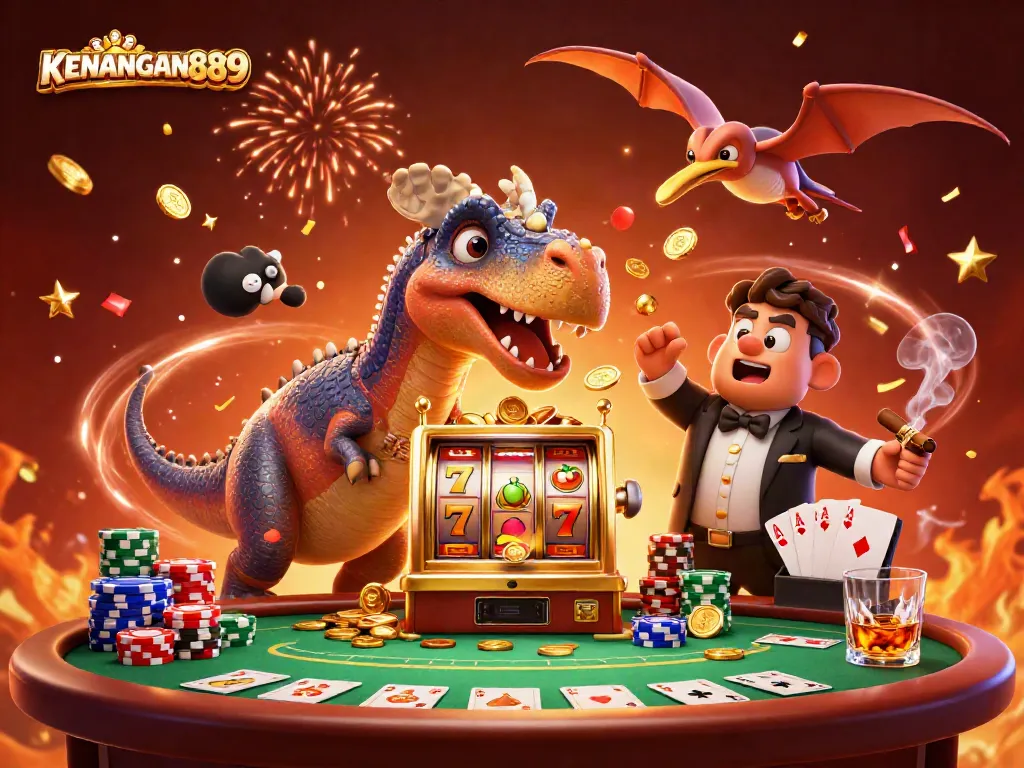 In a vibrant scene, KENANGAN889 features a pachycephalosaurus headbutting a golden slot machine, while a pteranodon catches golden coins.