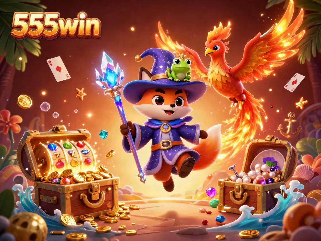 Engage with the excitement of winning at 555win through a vibrant 3D depiction of gaming elements and mystical characters.