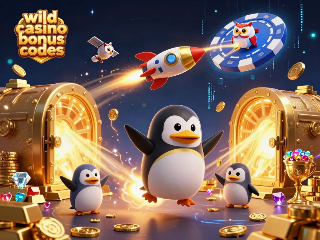 Experience wild casino bonus codes with a golden penguin blasting through a cosmic casino scene.