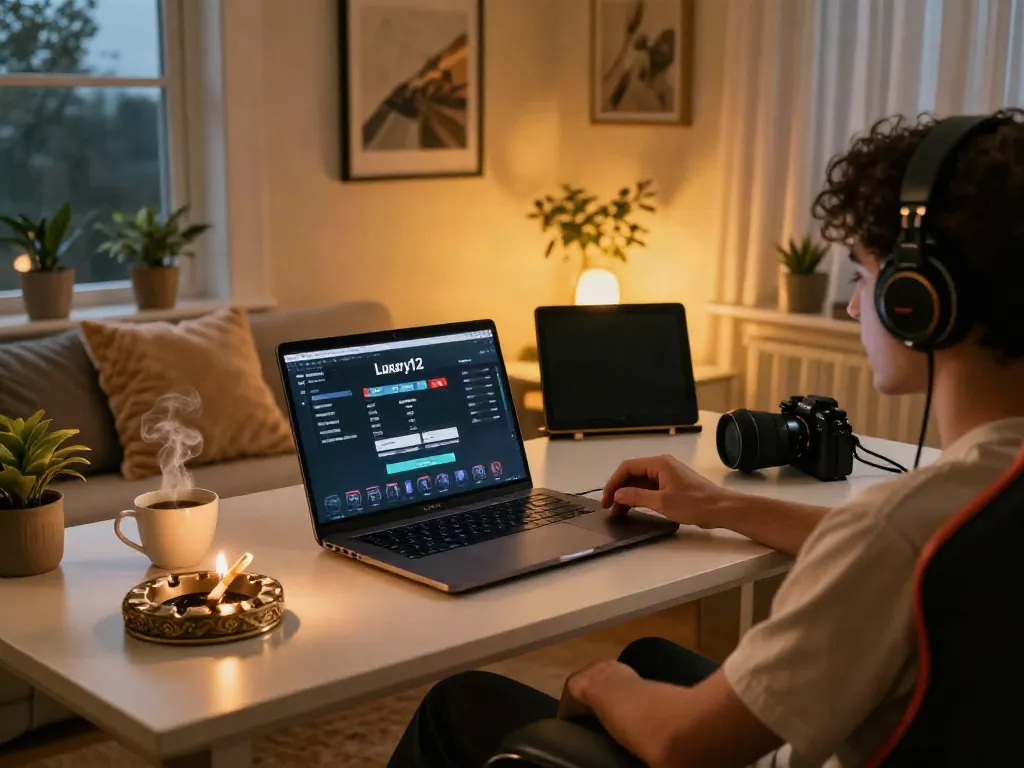Experience luxury12 gaming with a cozy setup featuring elegant decor and instant win notifications.