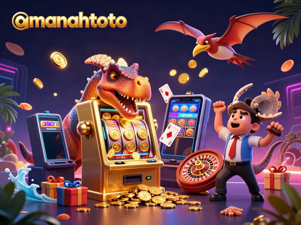 Menyaksikan amanahtoto dengan dino kartun yang mengandalkan mesin slot emas untuk jackpot, dikelilingi oleh unsur permainan berwarna-warni.