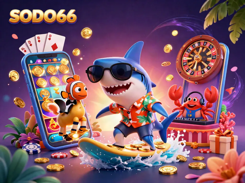 SODO66 showcases an exciting illustration of a shark surfing gold coins with gaming elements surrounding it, creating thrilling casino vibes.