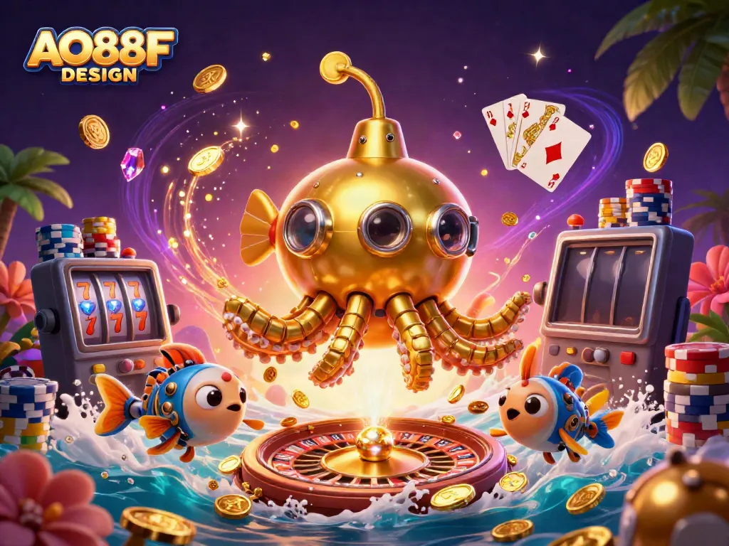 Engage in triumphant wins with AO88F DESIGN golden kraken submarine surrounded by casino riches.