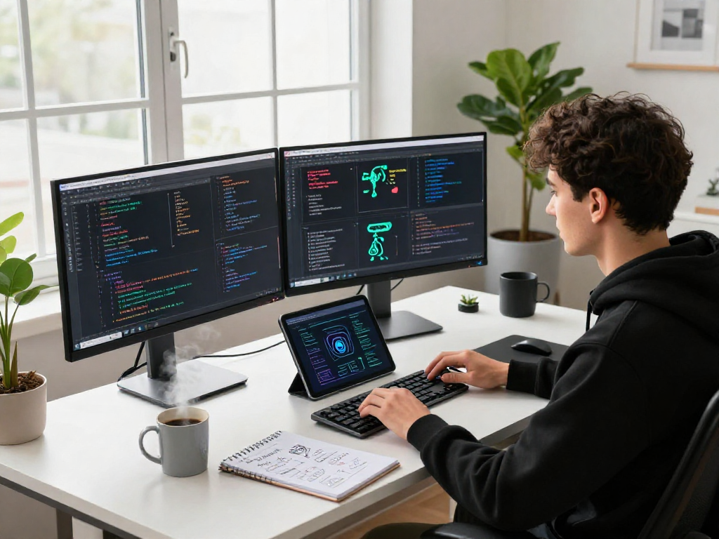 Creative workspace displaying software developer using spicy ai tools, immersed in vibrant code and innovative tech.