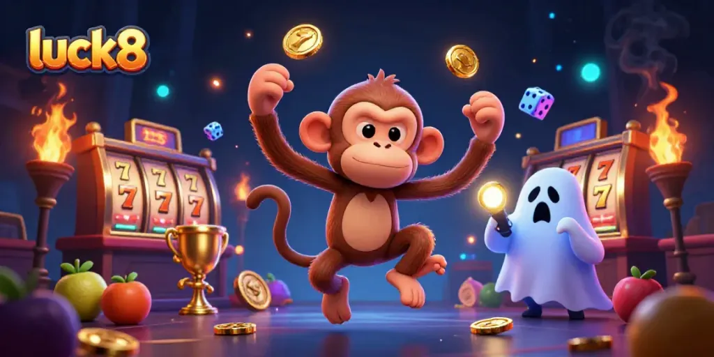 Catch golden coins while enjoying thrilling slots at luck8, featuring an energetic monkey and puppy!