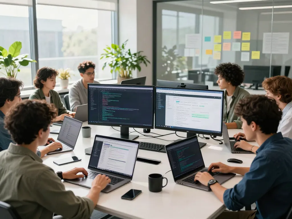 A80 information platform development team collaborating in a modern tech workspace.