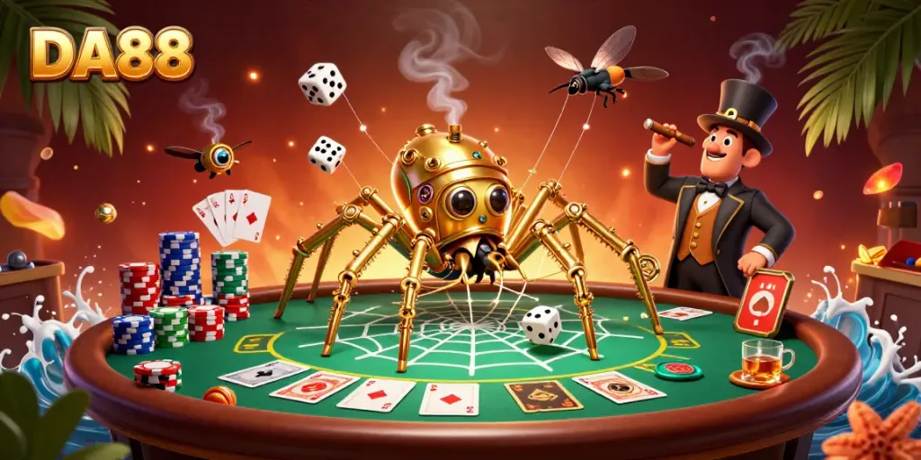 Engaging DA88 scene with a steampunk spider and poker elements illustrating casino excitement.