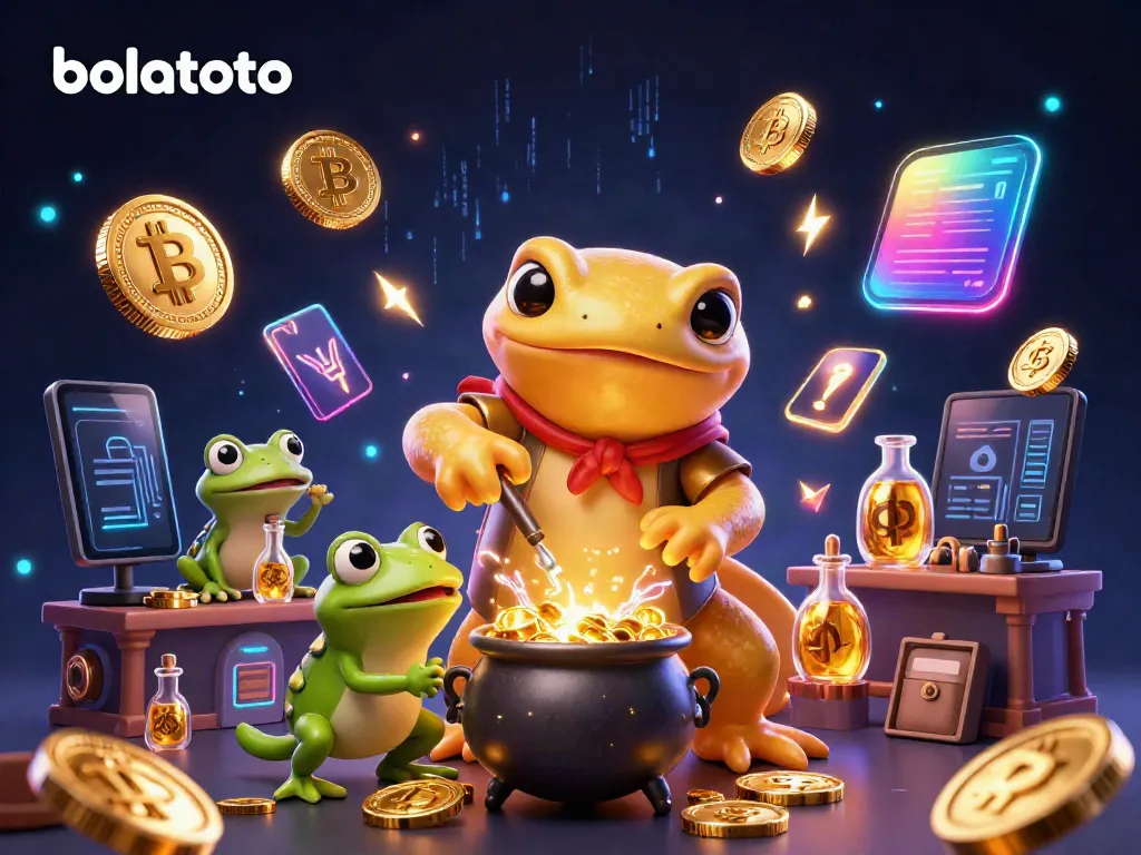 Experience bolatoto's thrilling gold transmutation scene with enchanting characters and glowing crypto elements.