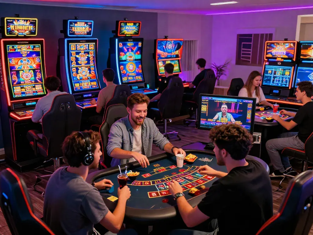 Exciting atmosphere at non UK licensed casinos with diverse players enjoying vibrant games online.