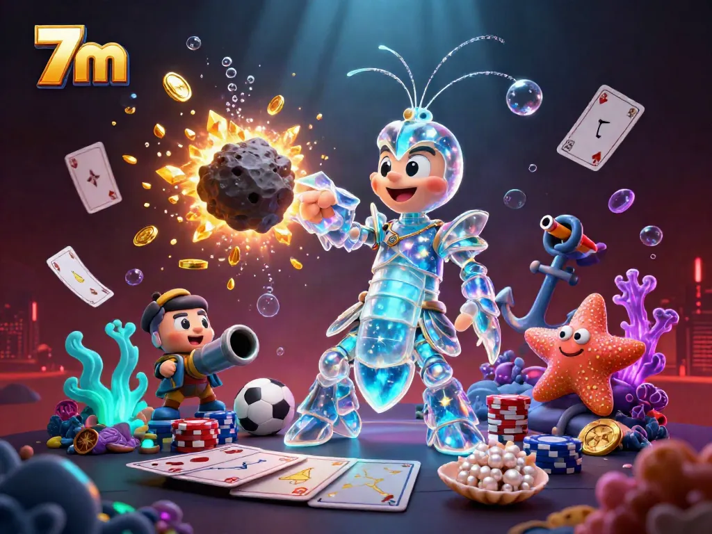 Engaging 7m scene showcasing a galactic samurai mantis shrimp amidst casino elements like playing cards and betting slips.