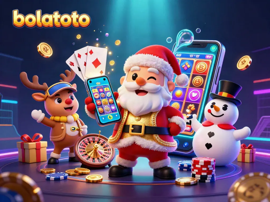Experience bolatoto's thrilling jackpot slots in a vibrant 3D casino scene featuring Santa Claus, reindeer, and snowman.