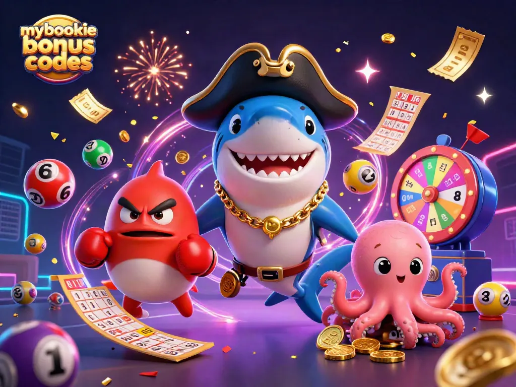 Engaging mybookie bonus codes illustration with vibrant characters, lottery elements, and energetic atmosphere.