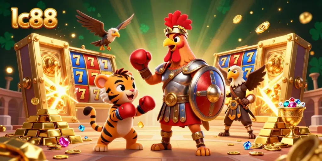 Bet on exciting adventures with lc88 amid a vibrant casino scene featuring roaring slot reels and treasures.