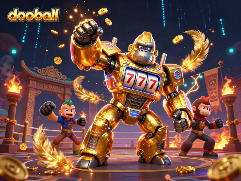 Experience high-stakes action in dooball, featuring a powerful golden gorilla mech amidst vibrant gambling elements.