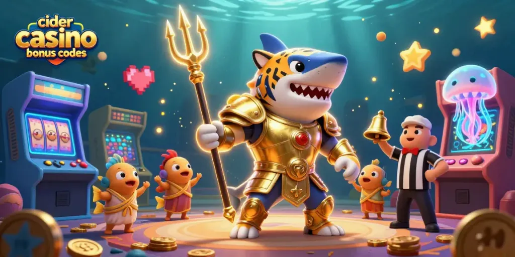 Play and win at Cider Casino bonus codes in a vibrant underwater arcade scene.
