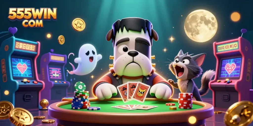 Engage in thrilling gameplay with 555WIN COM where cards are dealt by a unique Frankenstein bulldog at a spooky casino table.