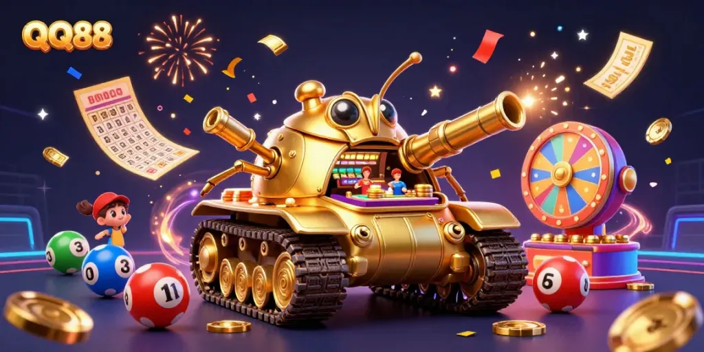 Experience the thrill of QQ88 with a lively casino illustration showcasing festive games and winning moments.