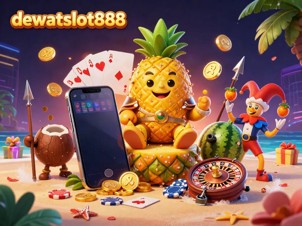 Mainkan dewataslot888 dengan karakter kasino yang berwarna-warni dan dinamis, dikelilingi elemen game.