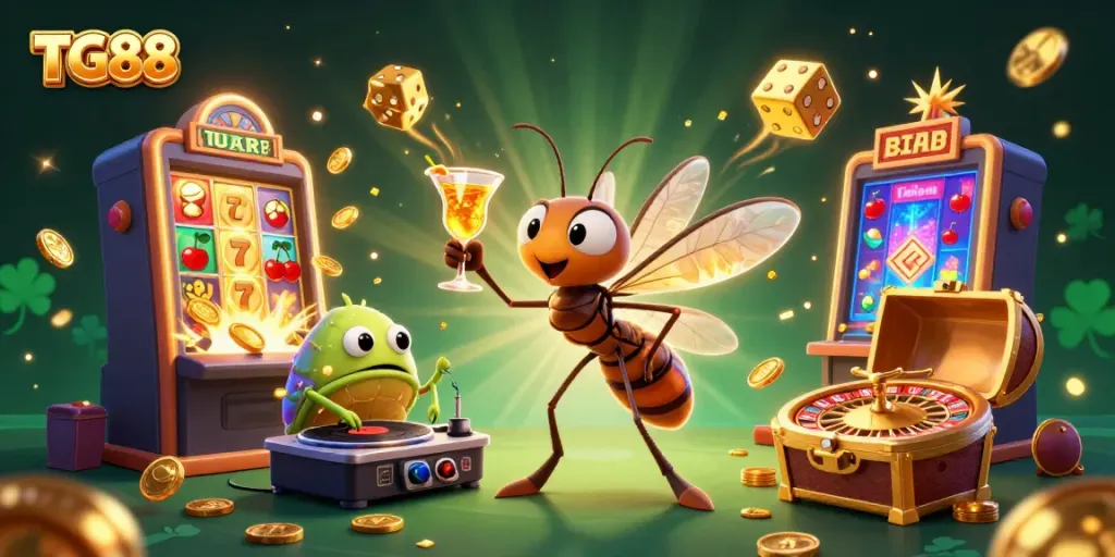 Experience the excitement of TG88 with a dynamic 3D casino scene featuring a vibrant slot machine and charming characters.