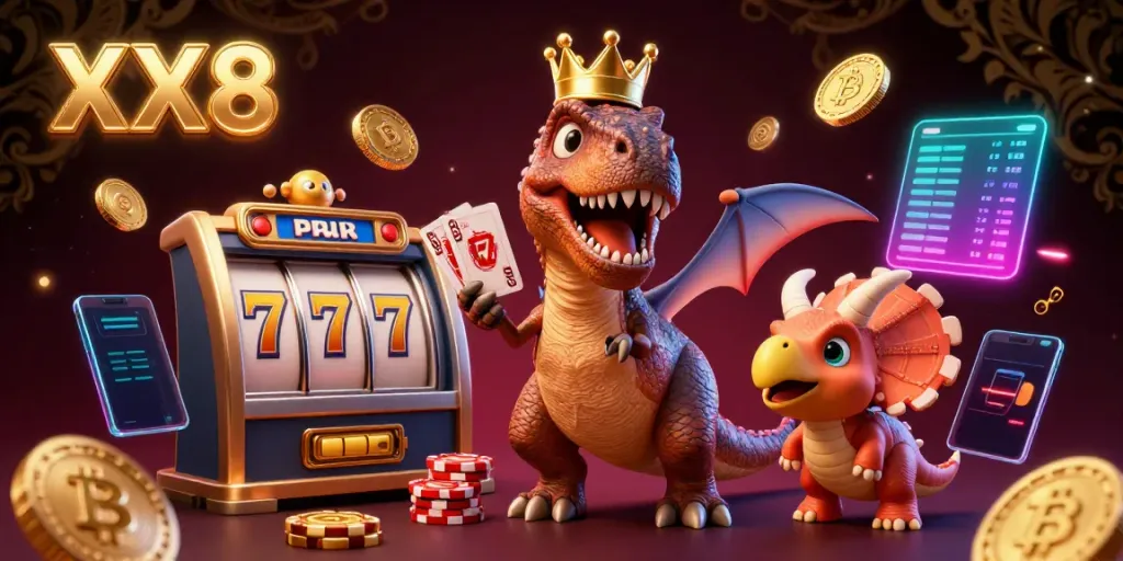 Experience thrilling gameplay with XX8 as a T-Rex shuffles cards in an exciting online casino.