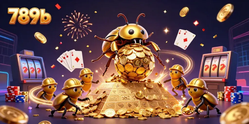 Experience the thrill of the casino world with 789b, as golden coins cascade and vibrant cards in play.