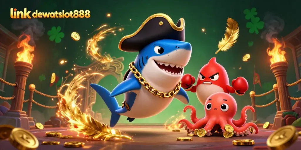Mengakses link dewataslot888 sambil bermain permainan slot dengan raja hiu kartun 3D di arena bertarung yang penuh koin emas.