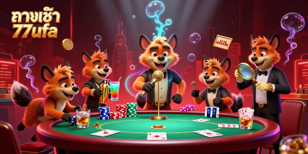 Experience excitement with ทางเข้า 77ufa in a lively casino setting featuring comedic hyenas and vibrant decor.