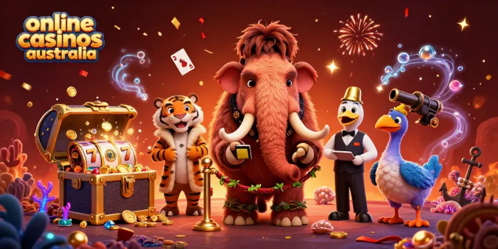 Experience the vibrant world of online casinos Australia with cartoon characters, gold coins, and slot reels.