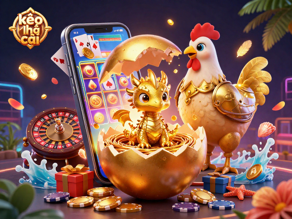 Bet on kèo nhà cái with an invigorating cartoon scene showcasing a lucky baby dragon amidst poker chips and gaming elements.