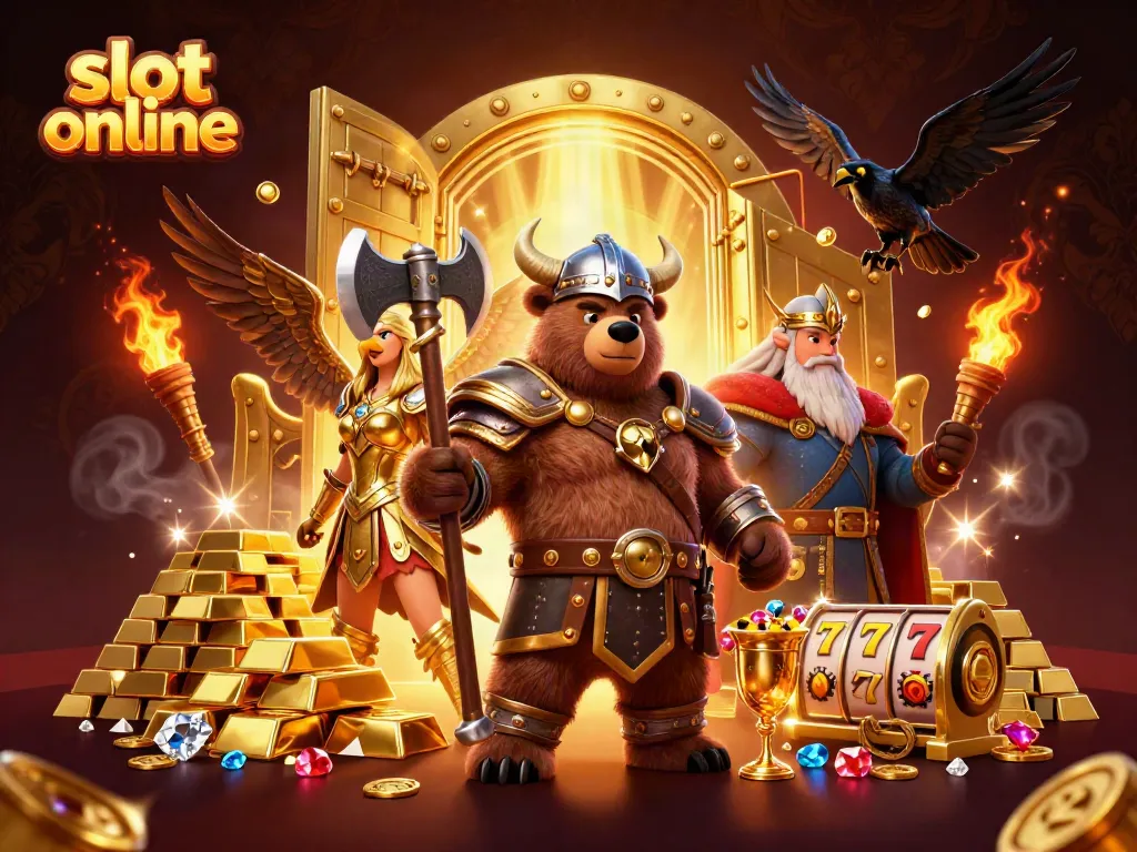 Engage in the world of slot online with a vibrant, cartoon-style 3D illustration featuring a Viking bear, Valkyrie eagle, and treasure.