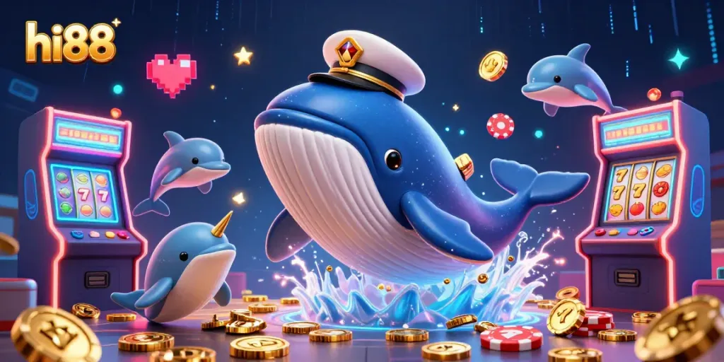Experience excitement with hi88 as the whale breaches through coins, showcasing playful dolphins and gaming elements.