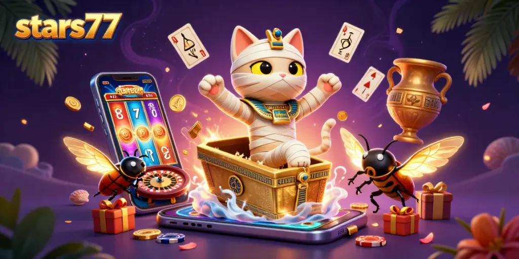 Permainan slot menarik di stars77 dengan kucing mummy dan scarab di kasino.
