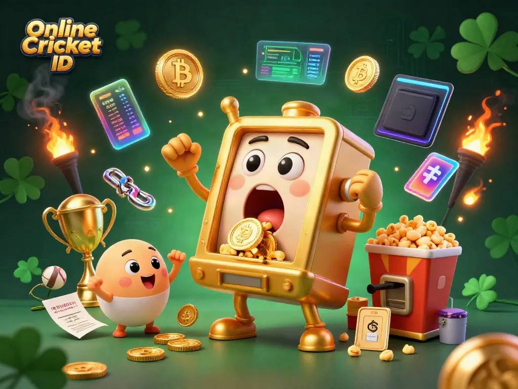 Experience Online Cricket ID excitement with a golden slot machine in a joyful jackpot scene.