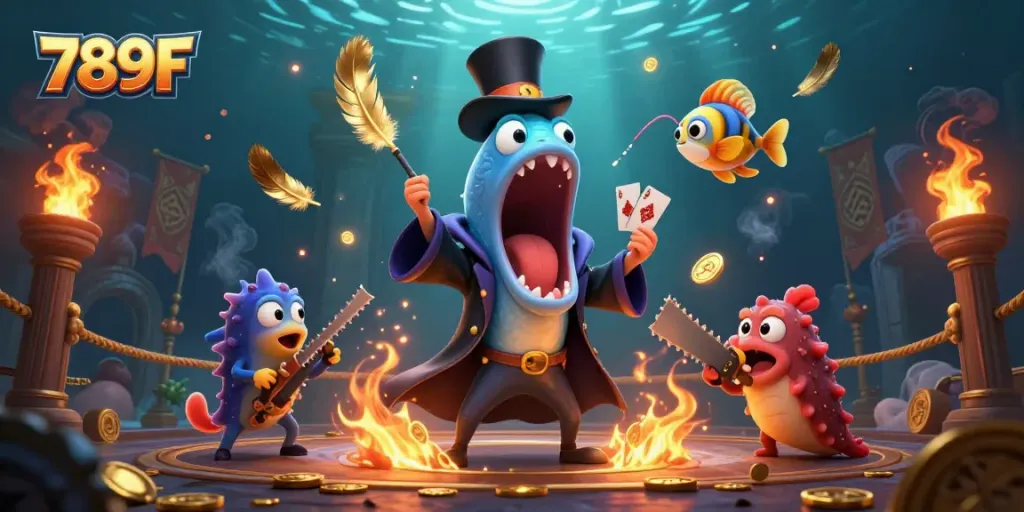 Experience thrilling card tricks with 789F's magical underwater scene featuring exotic sea creatures displaying their talents.