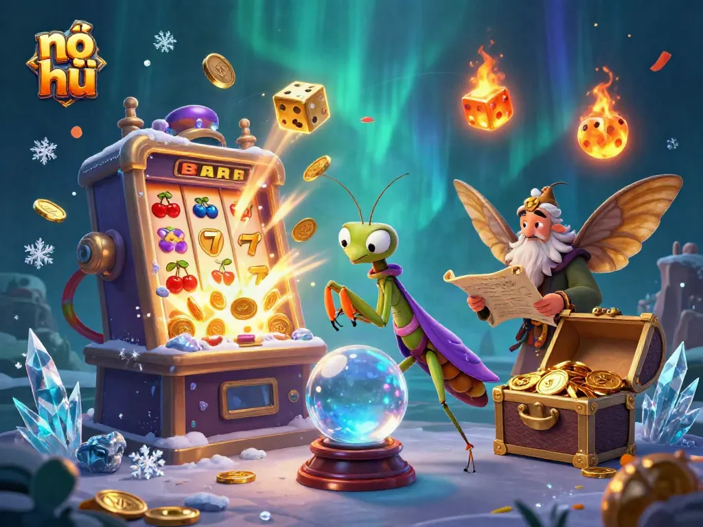 Engage in nổ hũ with the dynamic explosion of a slot machine and vibrant casino elements around charming characters.
