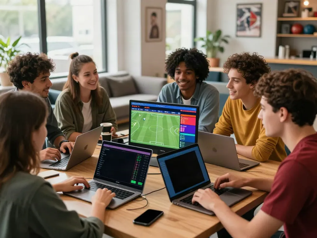Engaged young adults discussing soccer odds on WWBOLA platform in a modern lounge.