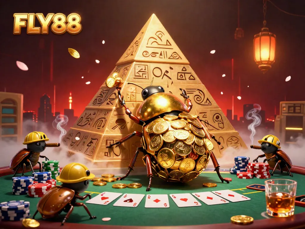 FLY88 showcases a vibrant scene of golden beetles assisting in a gambling-themed pyramid, surrounded by poker elements.