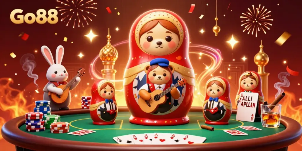 Experience the vibrant Go88 casino magic with a cartoon bear and rabbits in this illustrated scene.