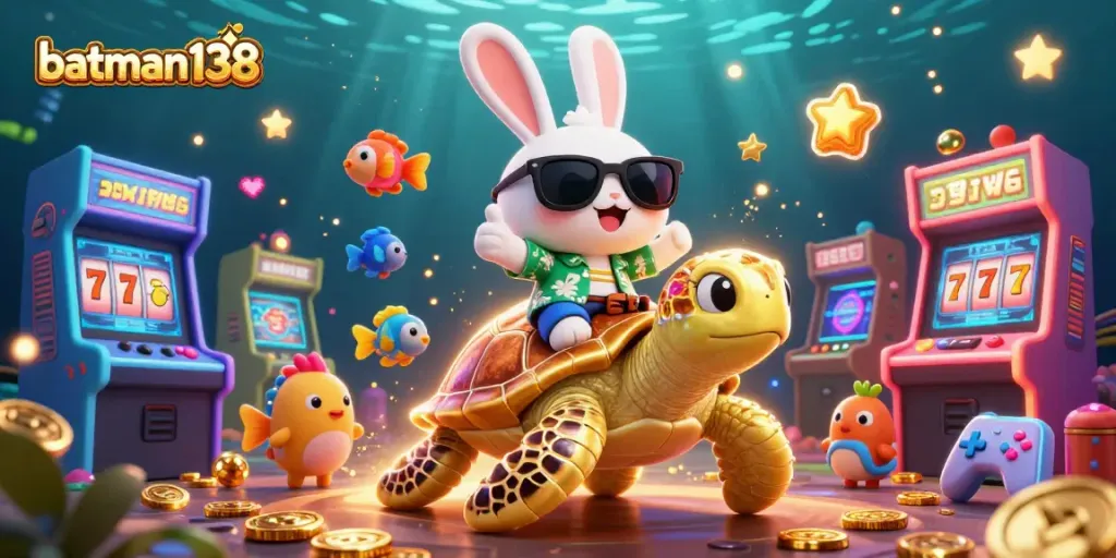 Spin to win with batman138 at this vibrant scene featuring a lucky rabbit and golden sea turtle amidst casino elements.