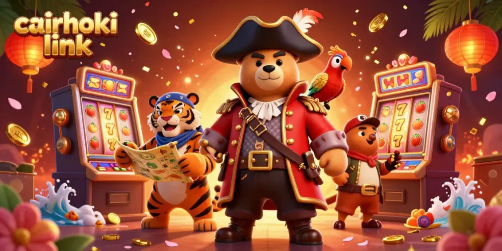 Gambarkan cairhoki link melalui ilustrasi kasino dengan beruang kapten bajak laut dan teman harimau yang memegang peta harta karun.