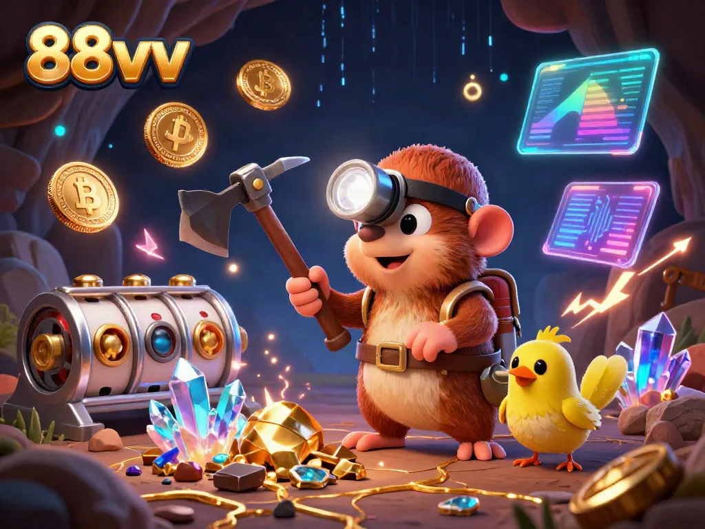 Engage in thrilling slots with 88vv alongside a treasure hunter and canary in a vibrant casino cave.