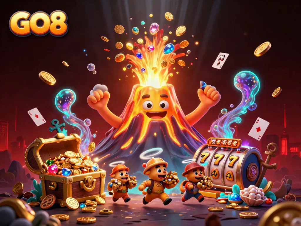 Engage with GO8's captivating 3D scene showcasing a triumphant golden volcano erupting coins and treasure amidst dynamic gambling elements.