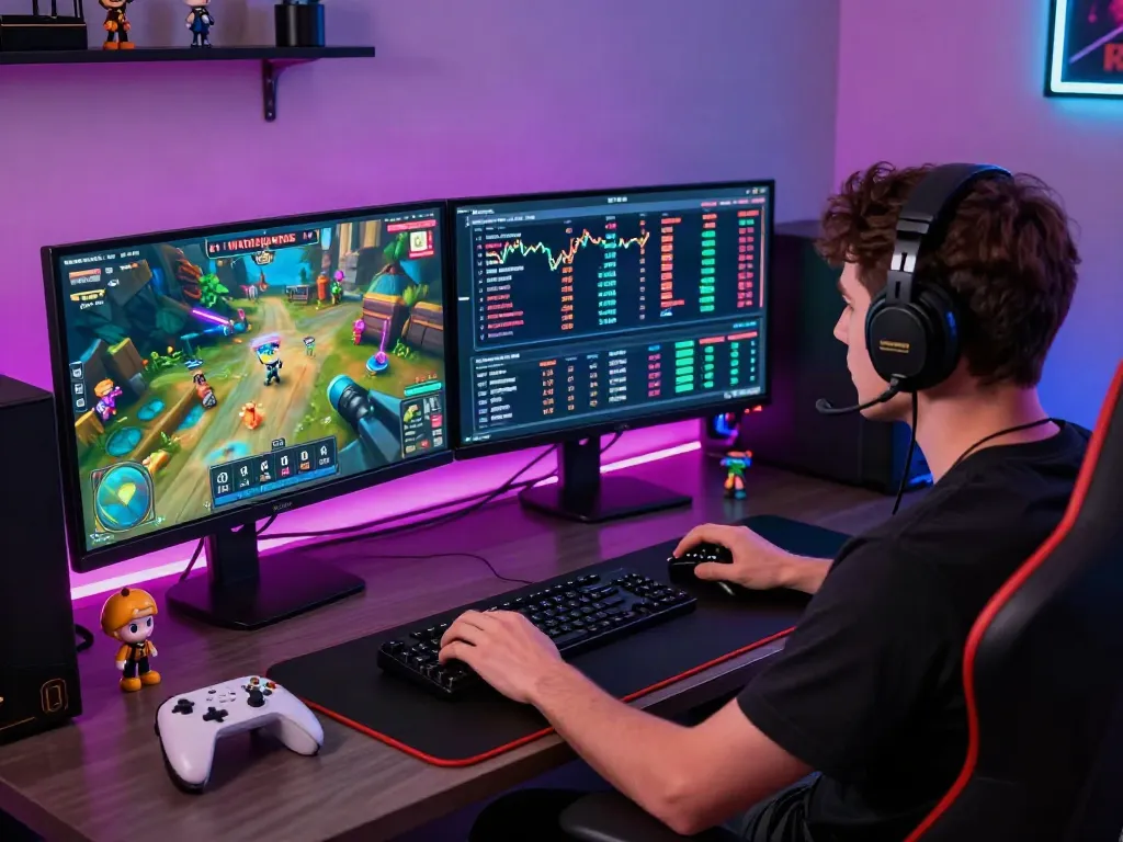 Pengguna BINTANG77 bermain game online sambil menganalisis tren kripto, suasana modern dan energik, perangkat gaming terorganisir.