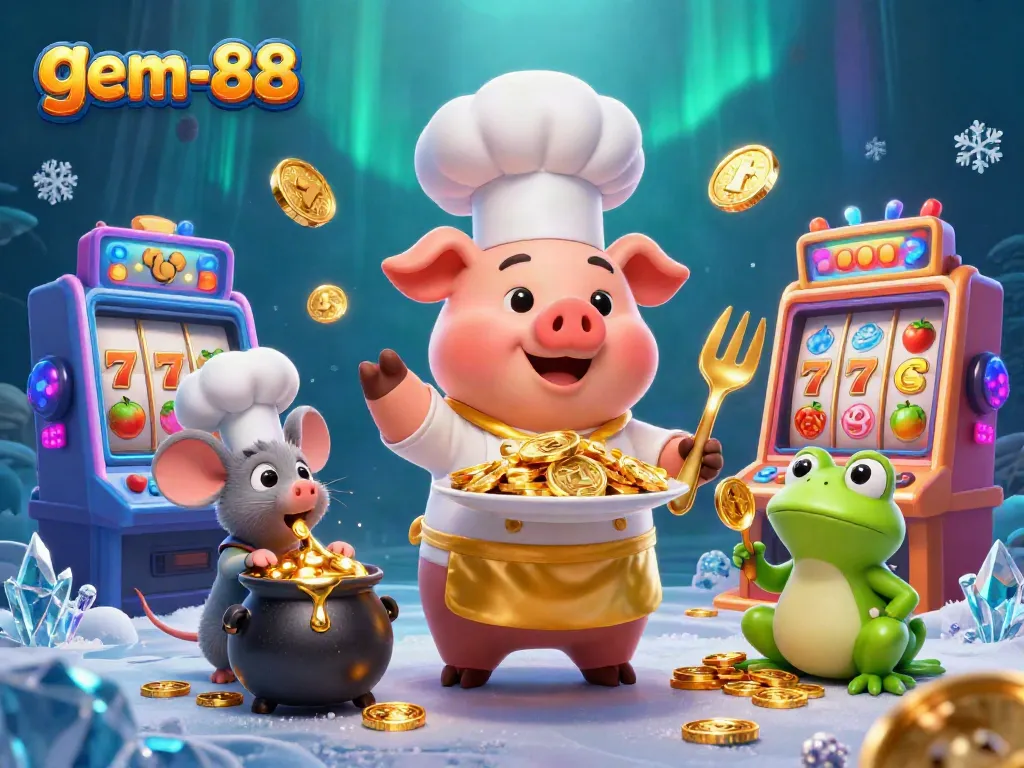 Win big with gem-88 in an ultra-detailed casino scene featuring charming cartoon characters and vibrant slot machines.
