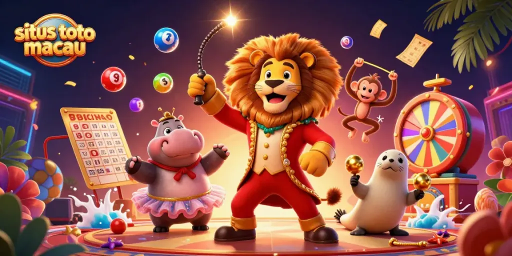 Menang di situs toto macau dengan ilustrasi menakjubkan karakter kasino yang meriah dan banyak elemen permainan.