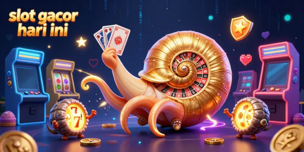 Ilustrasi slot gacor hari ini dengan nautilus raksasa dan mesin permainan cerah
