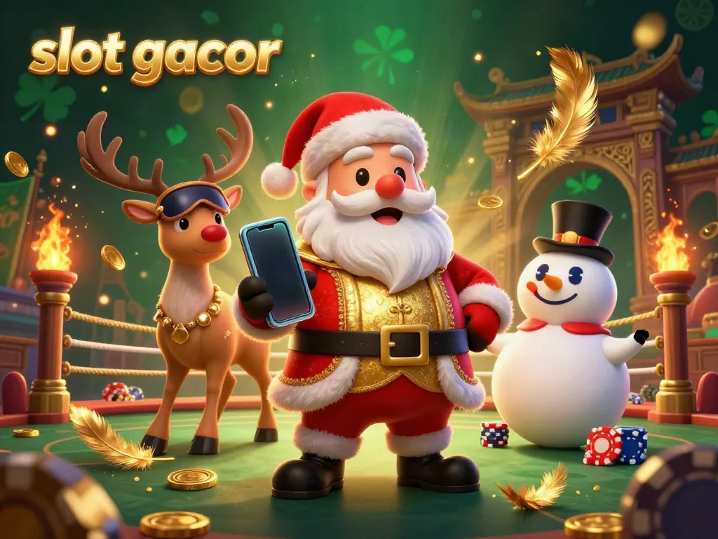 Experience thrilling slot gacor action with Santa Claus and friends in a festive casino scene.