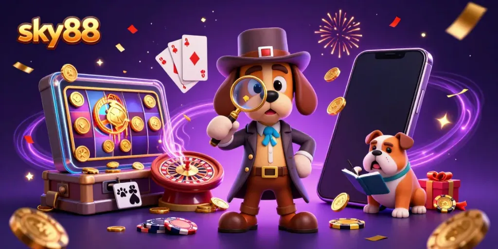 Engage with sky88's thrilling casino adventures featuring a detective uncovering poker clues amidst vibrant gaming elements.