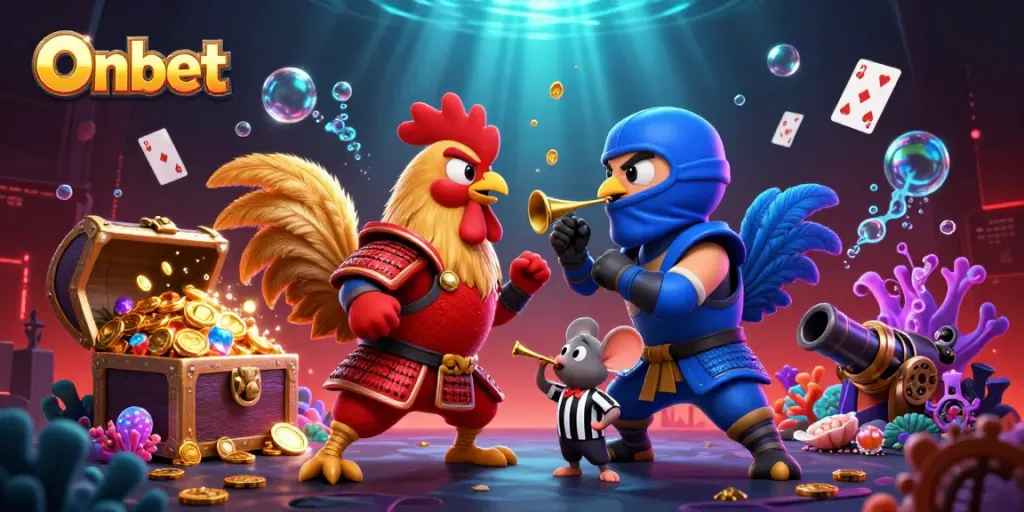 Engage with Onbet's thrilling standoff between rooster fighters in a dynamic casino scene.